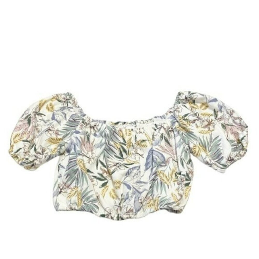 NEW Sigrid Olsen Ivory Floral Linen-blend Crop Peasant Top US S